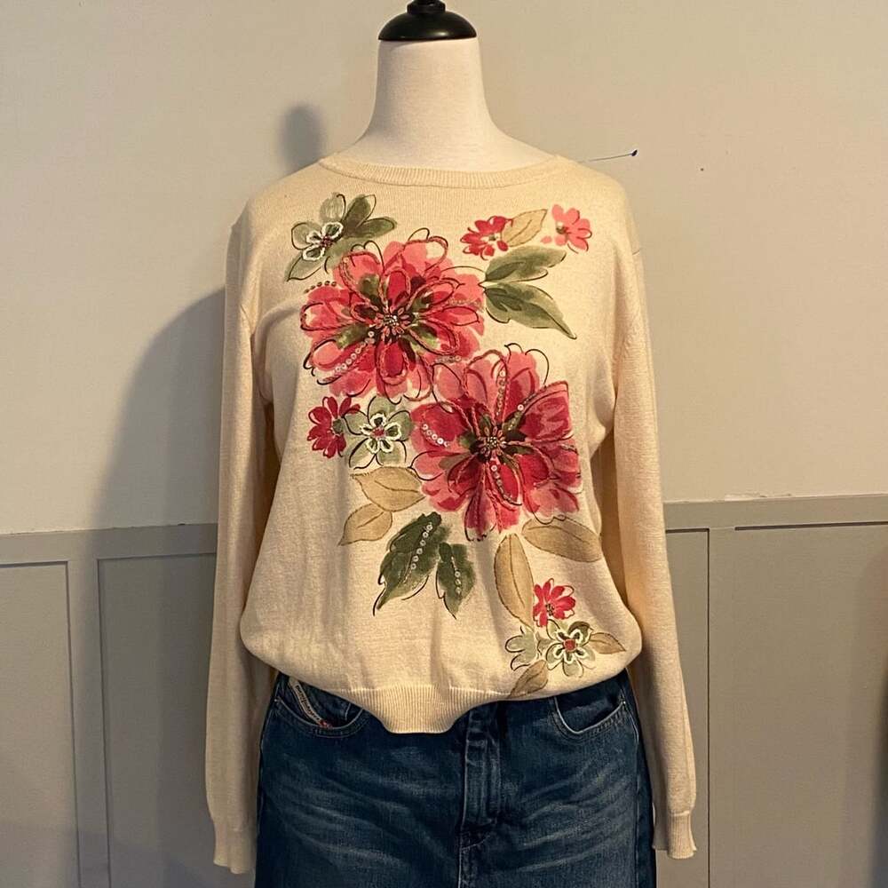 Alfred Dunner Petite Floral Print Sequined Knit Pullover Sweater Petite Medium